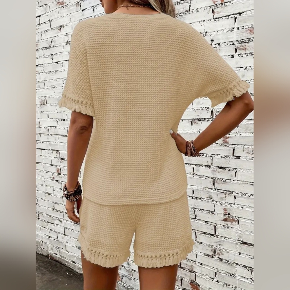 Women's Full Size Beige Waffle Knit Two-Piece Set - Picture 4 of 9